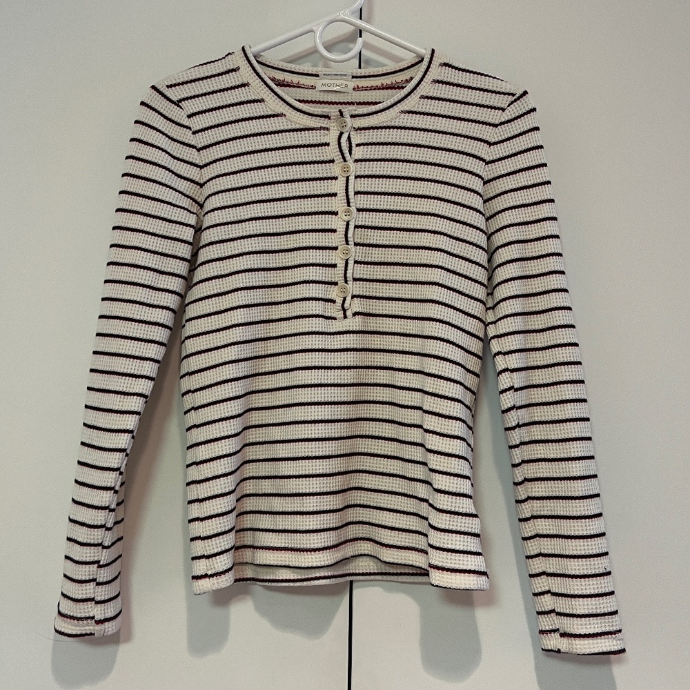 Mother Striped Waffle Henley Long Sleeve | Size S